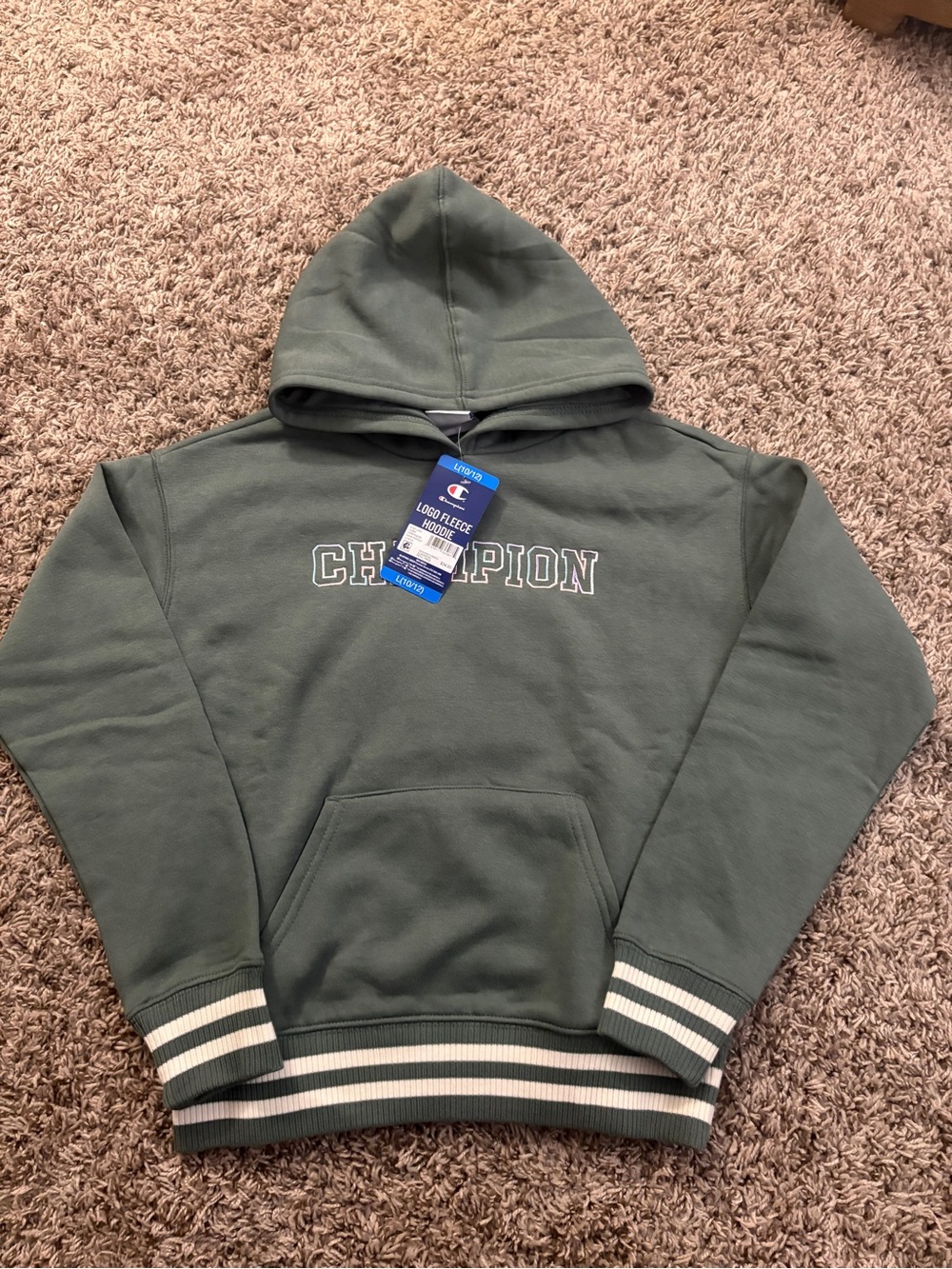 Champion Olive Green Logo FleeceHoodie with Striped Cuffs
